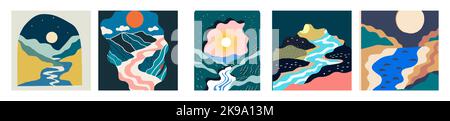 Illustration in Scandinavian style. beautiful background. Flat abstract design. Mountain view, river view. Mountains, clouds, sun, moon. Vector illust Stock Vector