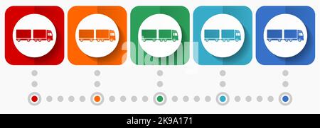 Truck with long semi trailer, transport vector icons, infographic template, set of flat design symbols in 5 color options Stock Vector