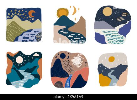 Illustration in Scandinavian style. beautiful background. Flat abstract design. Mountain view, river view. Mountains, clouds, sun, moon. Vector illust Stock Vector