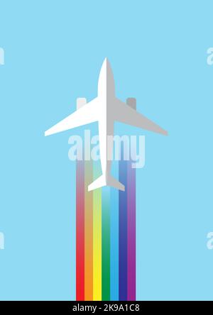 Ecological and sustainable air transport. Airplane with the rainbow colored trail. Vector illustration Stock Vector