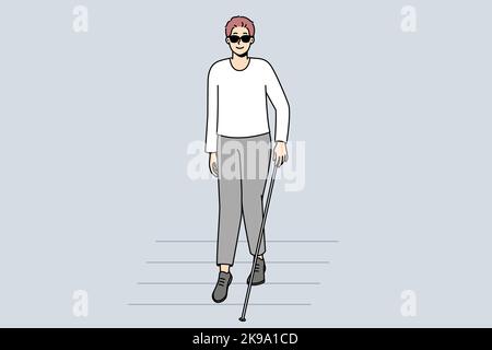Blind man with stick walking on crosswalk. Disabled male in dark sunglasses crossing road. Disability and healthcare. Vector illustration.  Stock Vector