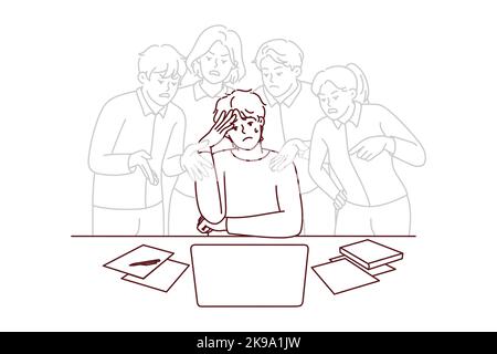 Stressed young man feel pressure by society opinion working on computer. Distressed male employee frustrated with annoying imaginary colleagues. Vector illustration. Stock Vector