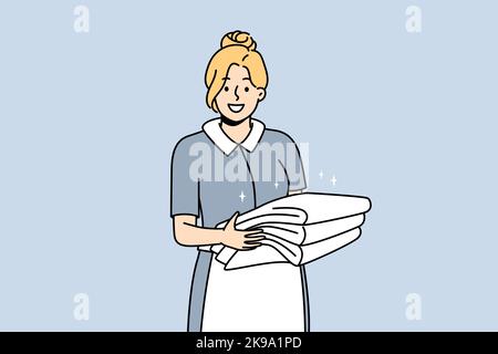 Smiling housekeeper in uniform holding stack of towels. Happy female housemaid or janitor working in hotel. Housekeeping concept. Vector illustration.  Stock Vector