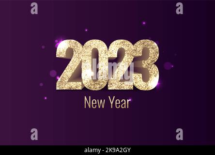 shiny glitter text new year 2023 on purple background Stock Vector