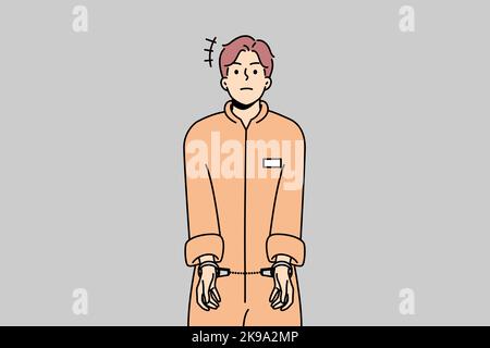 Male prisoner in robe wearing handcuffs. Unhappy man convict in uniform imprisoned. Imprisonment and jail concept. Vector illustration.  Stock Vector