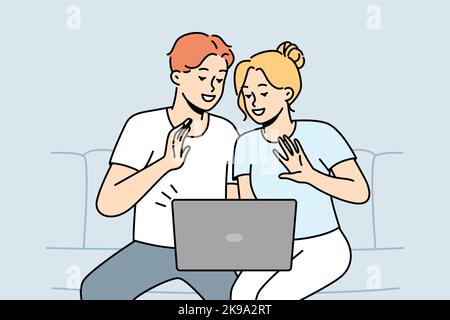 Smiling couple sit on sofa wave talk on video call on computer. Happy man and women have fun enjoy webcam conversation on laptop. Vector illustration.  Stock Vector