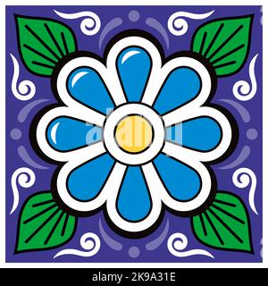 Floral vibrant tiles design, single and seamless vector background inspired by folk art from Mexico Stock Vector