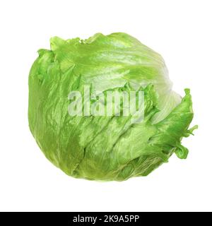 Iceberg lettuce, or crisphead, isolated, from above, on white background. Fresh, light green salad head, sometimes also called cabbage lettuce. Stock Photo
