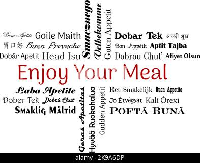 Enjoy your meal vector lettering. In all European Union languages, Chinese and hindi. White back. Wish and Phrase for a good meal. Stock Vector