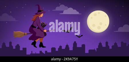 Scary funny witch and black cat riding a broom and flying in the sky, Halloween concept Stock Vector