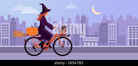 Cute young witch riding a bicycle with her black cat at night in the city street, she is carrying a broom and a pumpkin Stock Vector