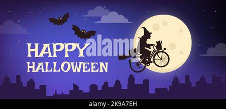 Scary witch riding a bicycle and flying in the sky on Halloween night ...