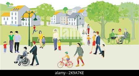 Park in the small town, life in the country, illustration Stock Vector