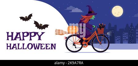 Scary ugly witch riding a bicycle and showing Happy Halloween wishes on ...