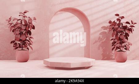 Podium mockup with arch and plants in pink. 3d illustration. Stock Photo