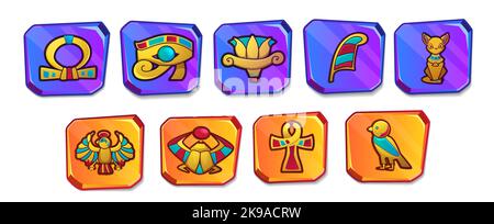 Cartoon egyptian culture religious symbols. Ancient Egypt icons for game user interface. Vintage objects of bastet cat goddess, eye of horus, scarab, ankh cross, lotus, ra and ibis. Protective amulet. Stock Vector