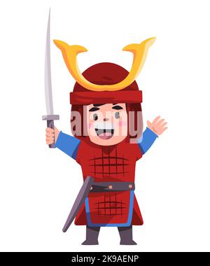 Samurai japanese warior with read armor helment and katana sword Japan military commander Stock Vector