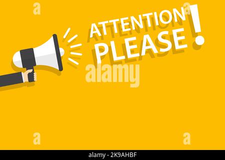 hand holding megaphone with attention please speech bubble banner vector with copy space for business, marketing, flyers, banners, presentations, and Stock Vector