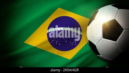 Brazil national team composition with classic ball on grass and flag in the background. Top view. Stock Photo