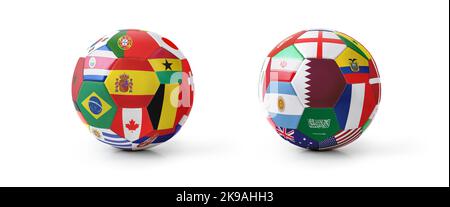 Two soccer balls of the teams qualified for the 2022 world championship with white isolated background and reflection and shadow. Stock Photo