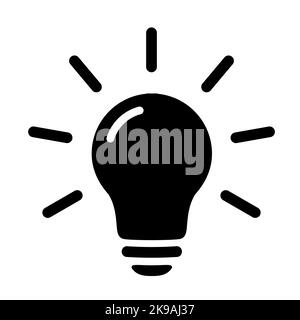 Black lightbulb icon in flat style. Lighting lamp in black isolated on white. Light bulb as sign solution, idea, thinking concept. Electricity bulb sh Stock Vector
