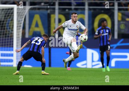 Pavel Bucha of Fc Viktoria Plzen controls the ball during the Uefa Champions League Group C match between Fc Internazionale and Viktoria Plzen at Stadio Giuseppe Meazza on October 26, 2022 in Milan Italy . Stock Photo
