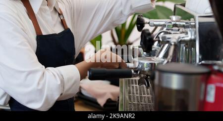 Successful small business owner sme beauty girl stand at her cafe Stock Photo