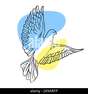 Soaring peace dove of Ukraine in line art style on a white background for print and design.Vector illustration. Stock Vector