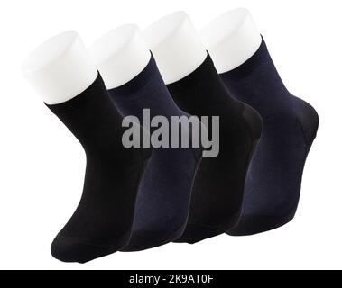 Multicolored socks set in different designs, Knitted knee high socks. High resolution photo isolated on white background. Stock Photo