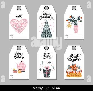 Set of Christmas greeting tags. Vector hand drawn illustration. Christmas tree, cake, pesents and lettering. New Year scrapbook. Holiday festive party Stock Vector