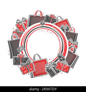Vector frame for Black Friday sale with empty copy space for advertising text, decorative round signboard with illustration of various paper bags, gif Stock Vector