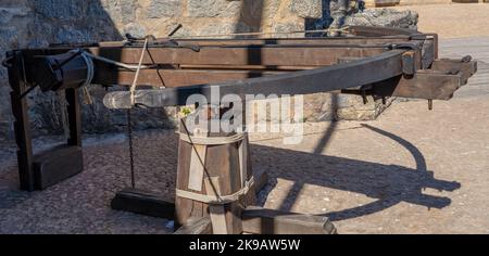 re-manufactured weaponry from the 13th century at Chateau Castelnaud-la-Chapelle on the banks of the Dordogne river, France Stock Photo