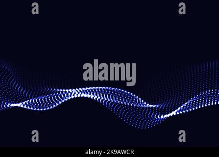 Wave of dynamic particles flows through the darkness. Dotted curves vector abstract background. A beautiful 3D undulating array of shining mixed dots. Stock Vector