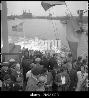 Danish refugees aboard the train ferry Malmö, on their way home to Denmark. Stock Photo