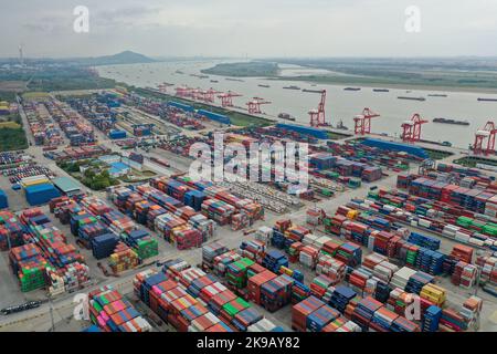 NANJING, CHINA - OCTOBER 27, 2022 - An aerial photo shows freighters ...