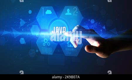Hand touching digital button concept Stock Photo