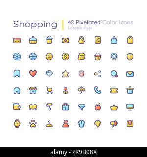 Shopping editable pixel color ui icons set Stock Vector