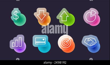 Business icons set in glassmorphic style. Transparent blur glass effect icons. Vector illustration Stock Vector