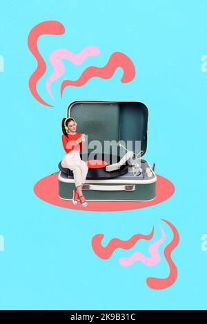 Vertical creative collage photo of beautiful young good mood girl sit on vinyl record enjoy playlist isolated on blue color background Stock Photo