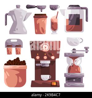 Coffee utensil glassware object from coffee machine to beans grinder and cup collection of tool Stock Vector