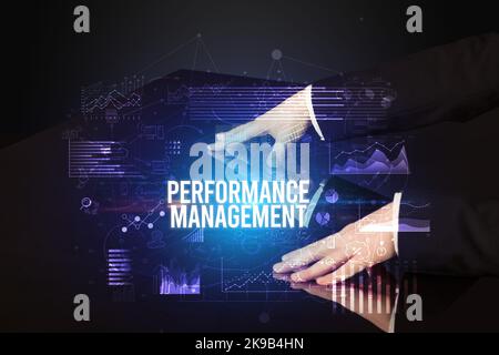 Businessman touching huge screen concept Stock Photo