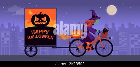 Scary ugly witch riding a bicycle and showing Happy Halloween wishes on a trailer advertising sign Stock Vector