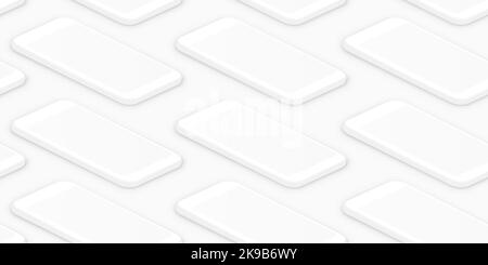Clean white isometric smartphones. Realistic empty screen phones seamless pattern. Empty screen phone template for inserting UI interface or business Stock Vector