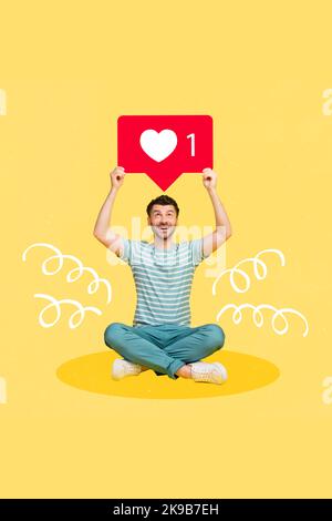 3d retro abstract creative artwork template collage of funny funky guy rising heart like card isolated painting background Stock Photo