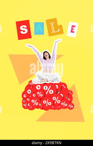 Photo sketch graphics artwork picture of funny funky lady sitting huge discount percentage pile isolated drawing background Stock Photo