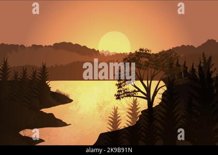 Lake and mountain with moon landscape illustration wild natural background Stock Vector
