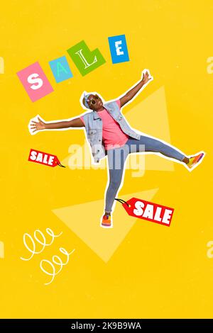 Vertical collage portrait of excited girl dancing enjoy sale promotion isolated on creative background Stock Photo