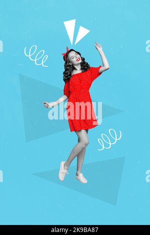 Vertical collage portrait of cheerful pretty girl black white effect dancing isolated on painted background Stock Photo