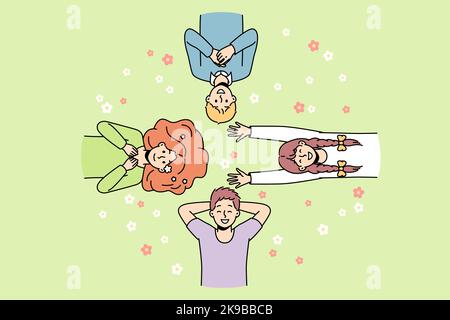 Guys, girls lie on grass among flowers in different directions, look at sky, laugh. Friends spend time at lawn. Top view. Hello spring, summer concept. Vector colorful outline illustration. Stock Vector