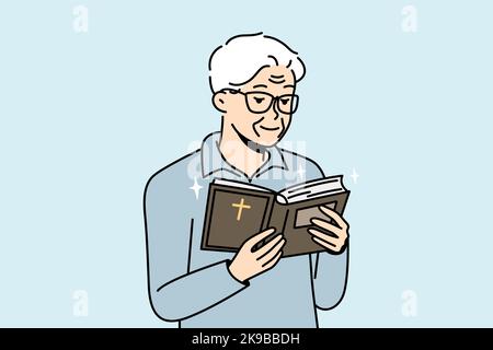 Elderly man looks into Holy Scripture. Pensioner is reading Bible. Grandfather holding open Cods book. Old christian praying, asks for help, blessings from higher powers. Vector linear illustration. Stock Vector